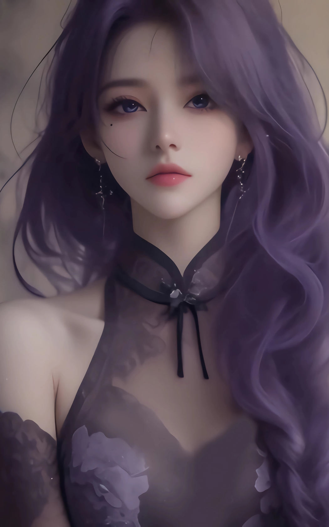 紫色长卷发古典美女4K竖屏高清壁纸，2400x3840分辨率手机下载