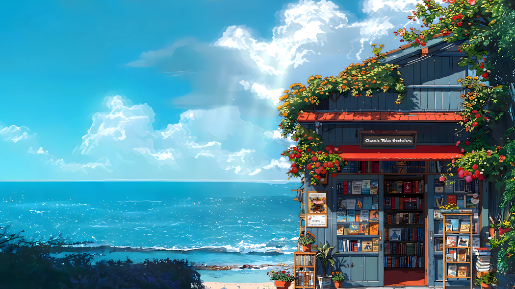 海边小屋海景书店 4K高清风景壁纸图片 3840x2160下载