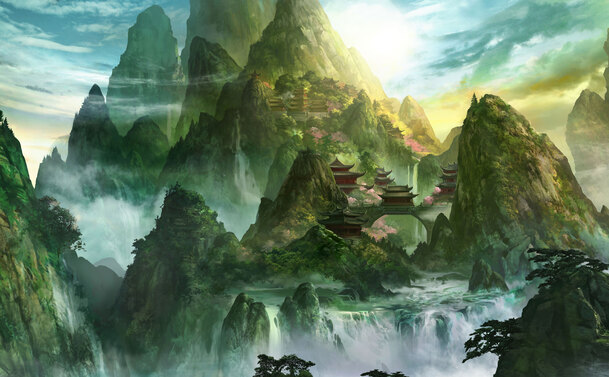 手绘玄幻山庄山水PNG透明背景高清素材下载