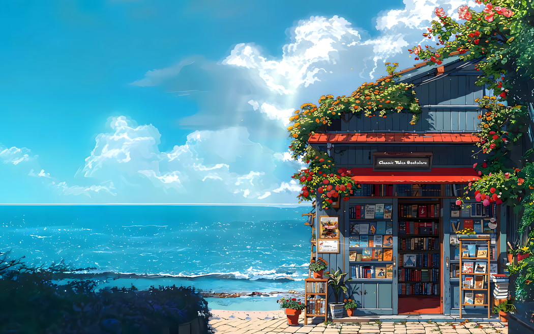 海边书店绝美风景 4K高清壁纸 3840x2400下载