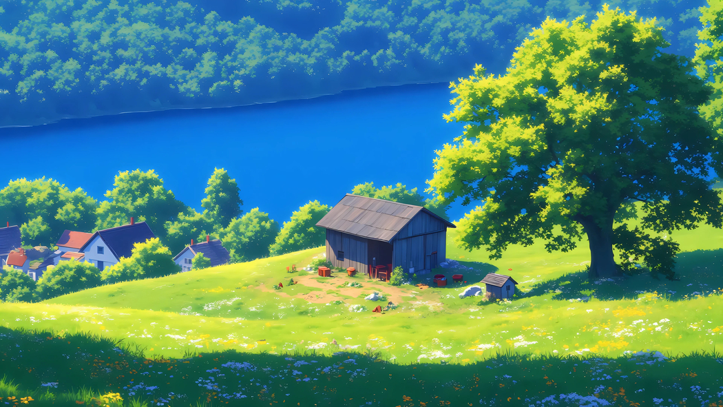 4K高清风景壁纸，河流、小屋、草地与鲜花，3840x2160分辨率下载
