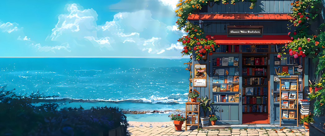 超高清3440x1440带鱼屏壁纸，海边书店美景下载