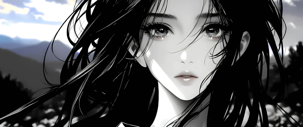4K高清壁纸，黑白长发动漫女孩，带鱼屏3440x1440分辨率下载