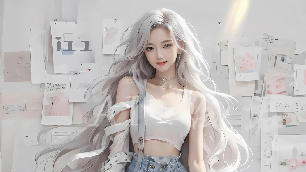 动漫少女白色长卷发4K壁纸，3840x2160高清报纸墙风格下载