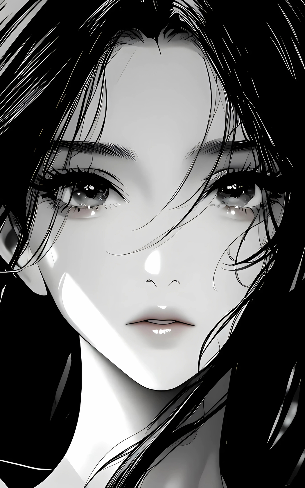 高清4K手机壁纸，黑白长发动漫女孩，2400x3840分辨率下载