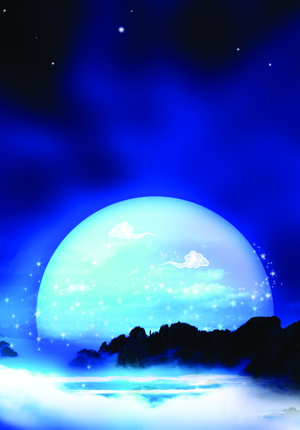 中秋明月蓝夜背景抽象梦幻PNG透明图片素材下载