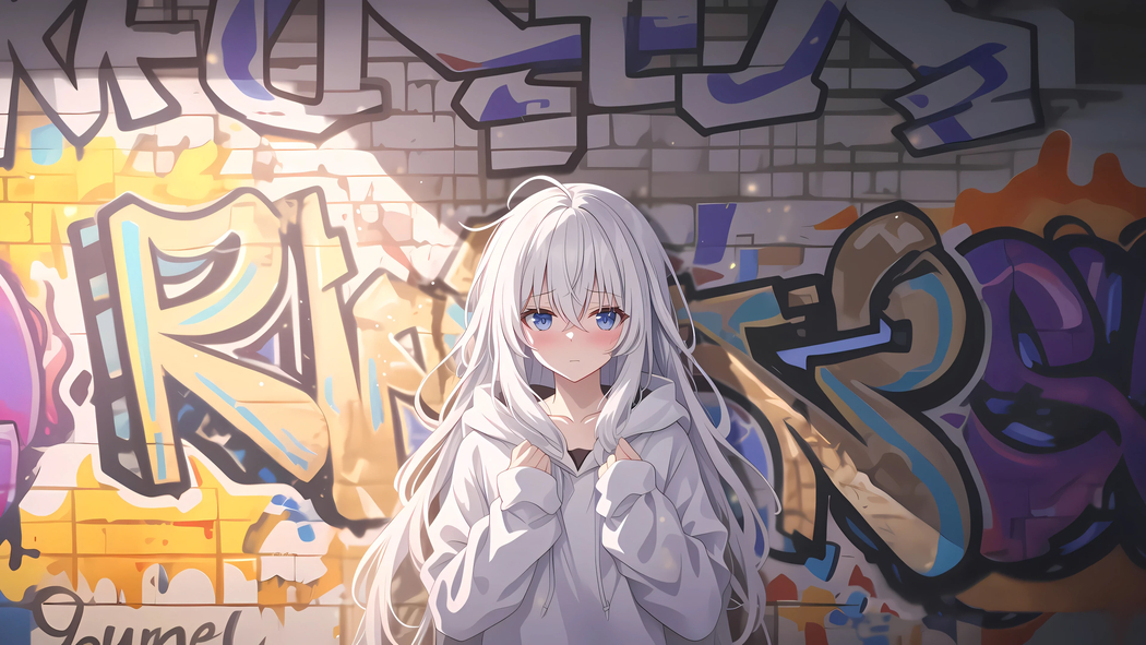 涂鸦墙女孩白色长发4K超高清动漫壁纸下载 3840x2160