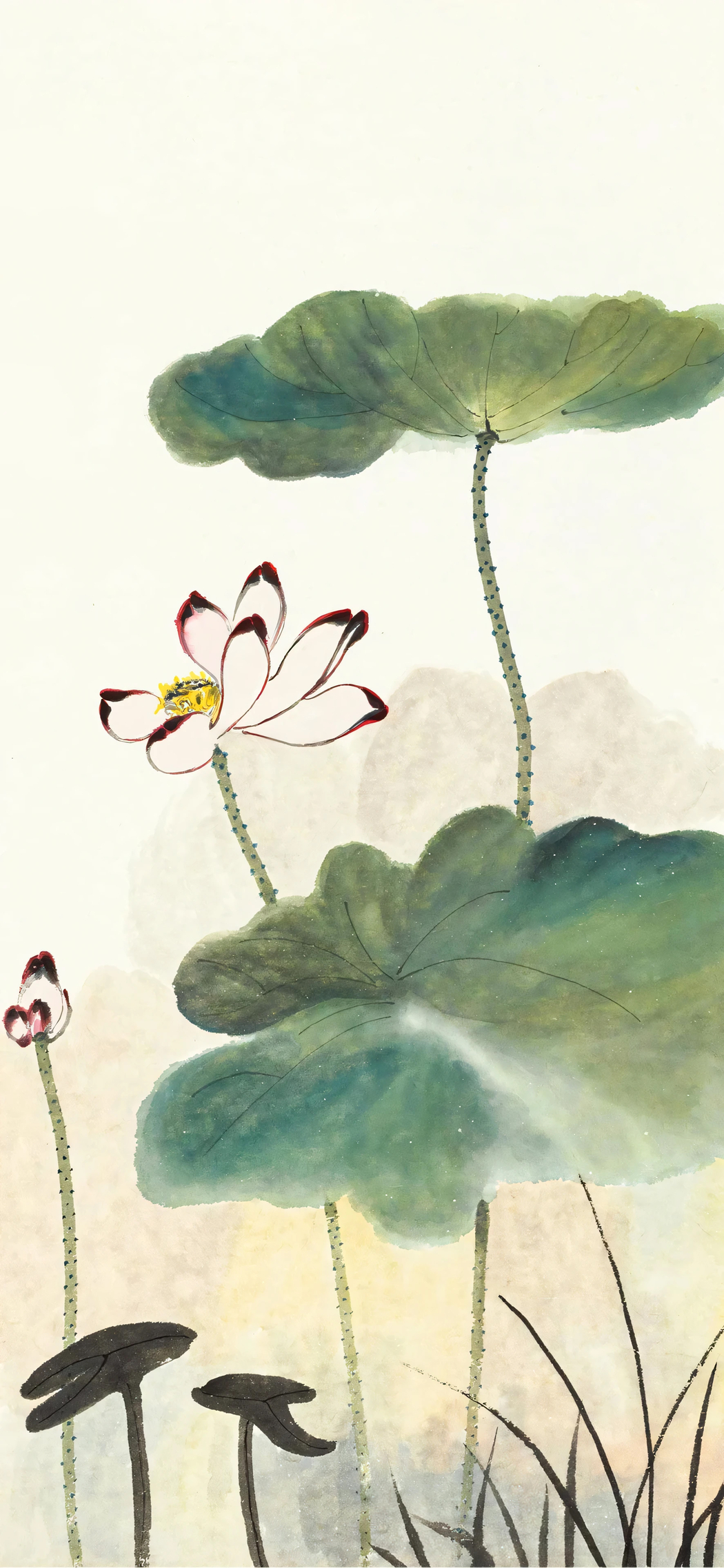 超高清4K水墨荷花图手机壁纸，张大千作品，1772x3840分辨率下载