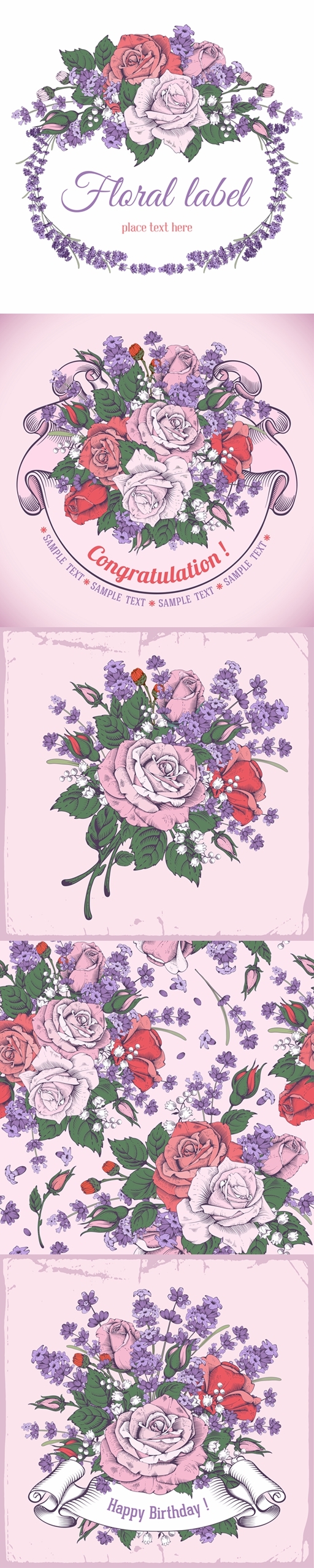 高清紫色玫瑰花花环PNG插图，卡通手绘背景元素素材下载