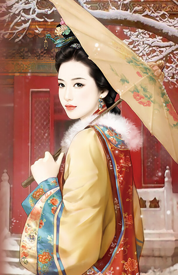 古风高贵优雅少女手绘PNG素材，高清透明背景卡通插画下载