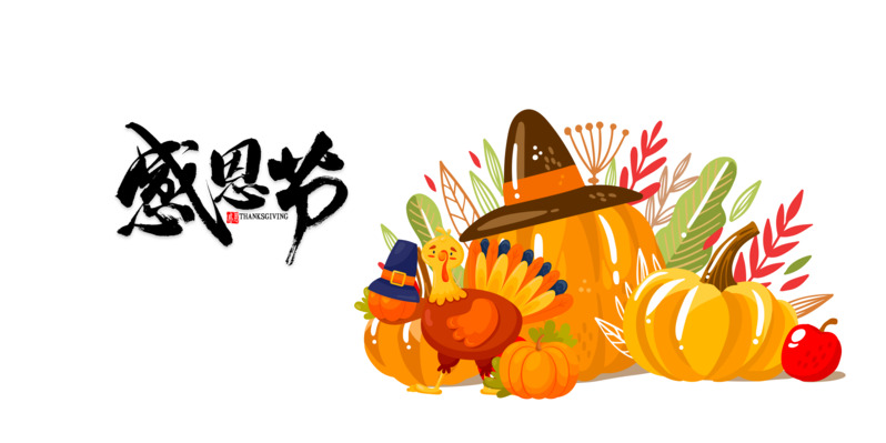 感恩节火鸡南瓜手绘高清PNG透明素材，卡通PSD设计元素下载