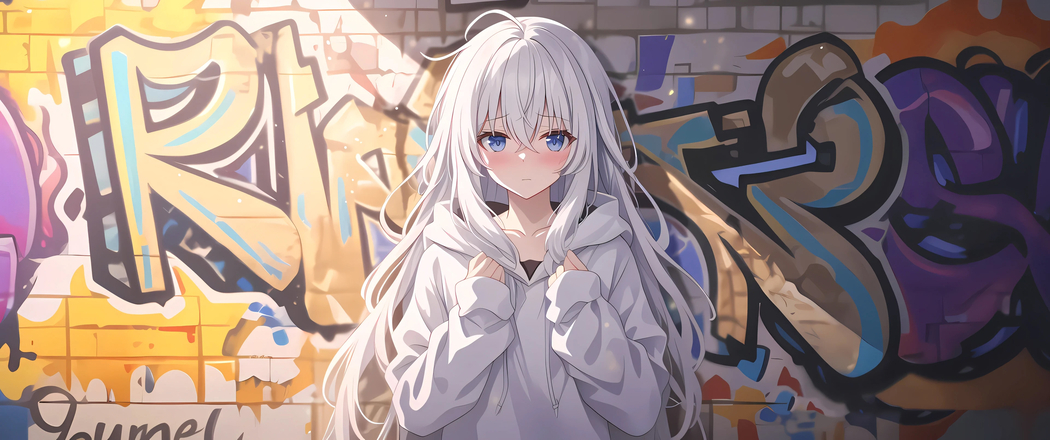 4K高清动漫壁纸，白色长发女孩涂鸦墙，带鱼屏3440x1440下载