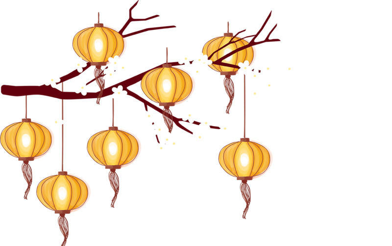 金色灯笼配白梅花高清PNG透明图，节日元素素材下载，元旦春节元宵可用