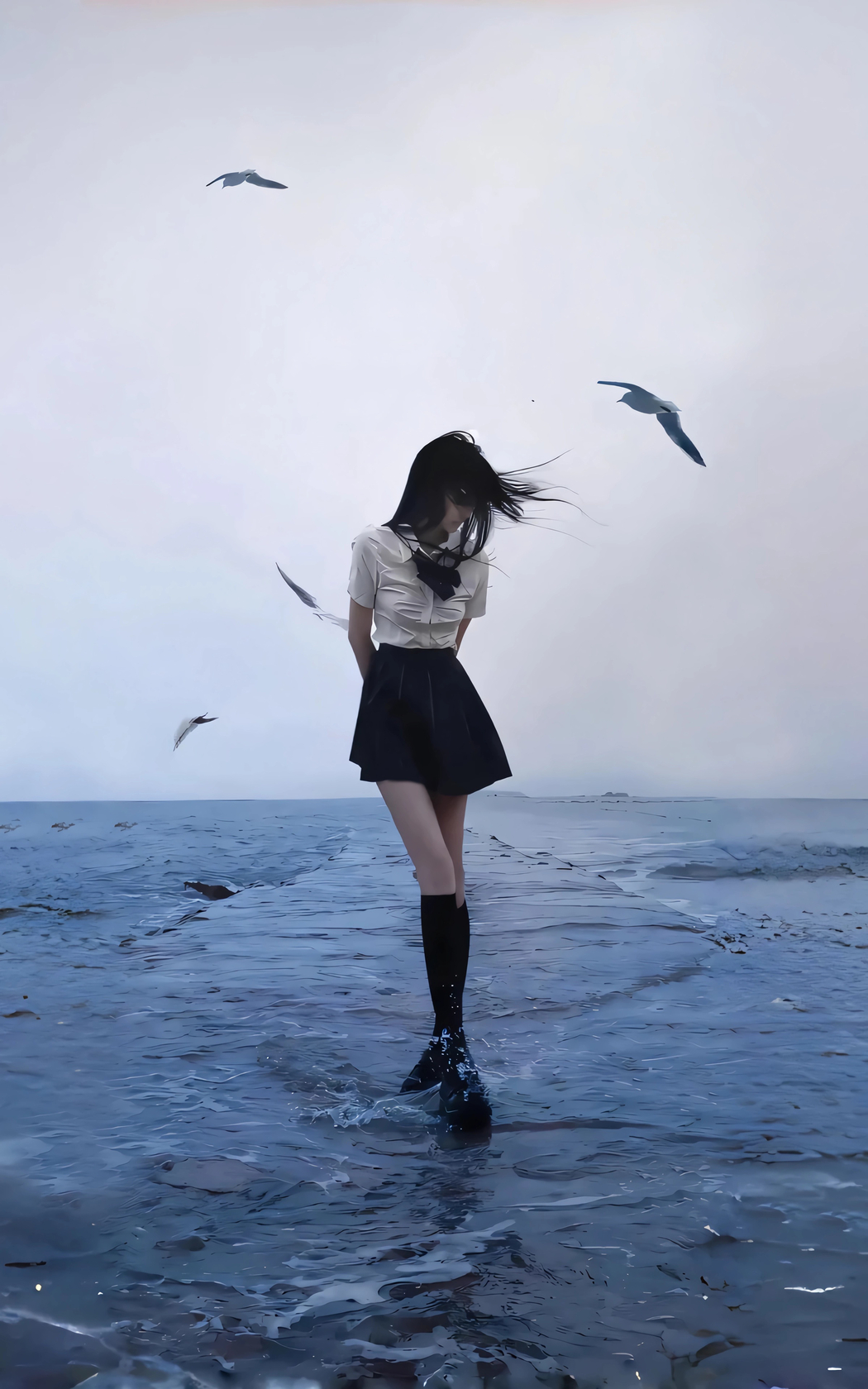 海边美女与海鸥唯美4K竖屏手机壁纸，2400x3840高清下载