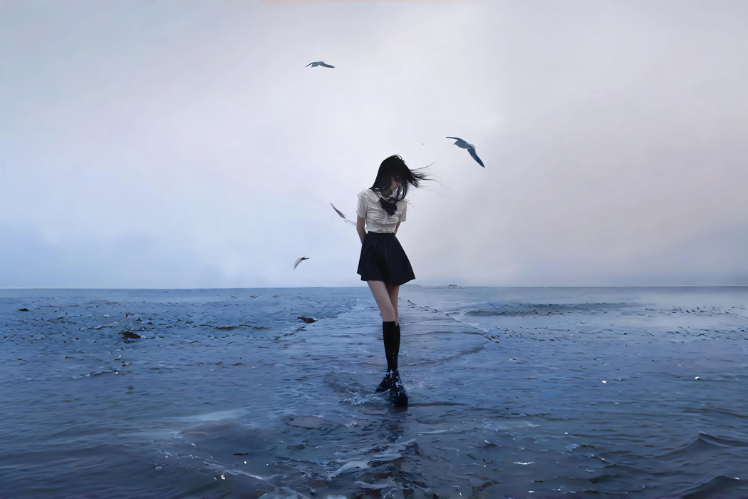 海边美女与海鸥共舞 3000x2000高清壁纸，适配平板笔记本等设备下载