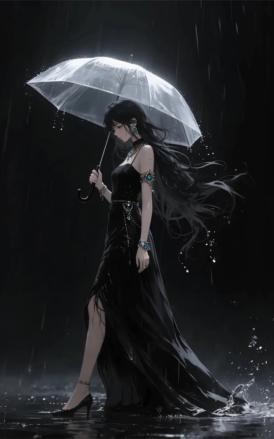 雨夜黑裙美女撑伞，暗黑系动漫风格4K竖屏手机壁纸，高清2400x3840下载