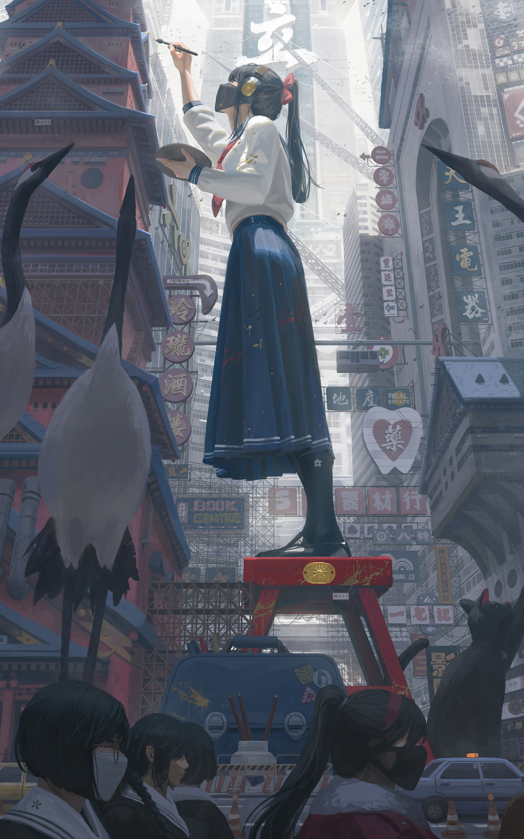 城市街景女孩与仙鹤绘画，4K竖屏手机壁纸高清下载 2400x3840