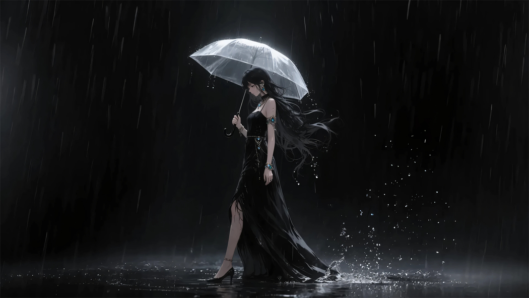 雨夜暗黑系美女，黑色裙子配伞4K超清壁纸（3840x2160）动漫高清下载