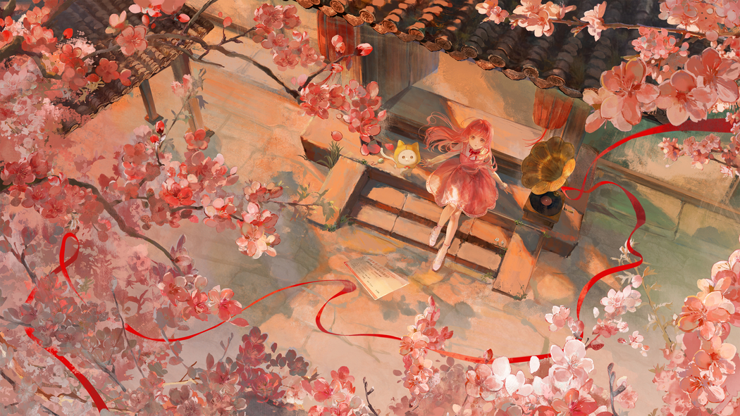 小女孩与台阶、房子、树、花，4K高清壁纸3840x2160，动漫美图下载