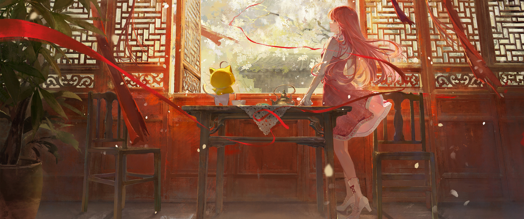 国风女孩红裙倩影，4K高清壁纸3440x1440带鱼屏，房间桌窗动漫美图下载