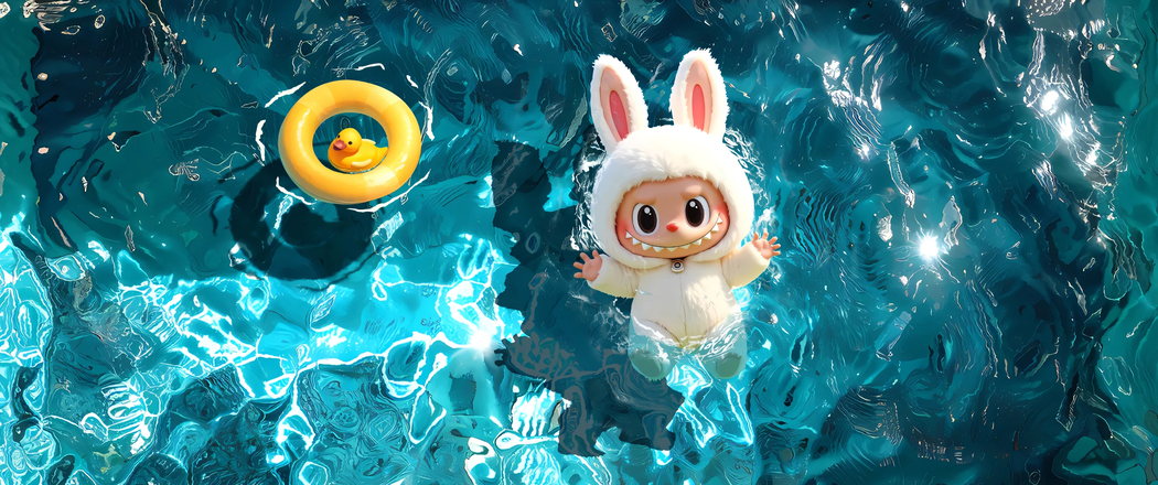 拉布布Labubu泳池4K高清壁纸，3440x1440带鱼屏动漫图片下载