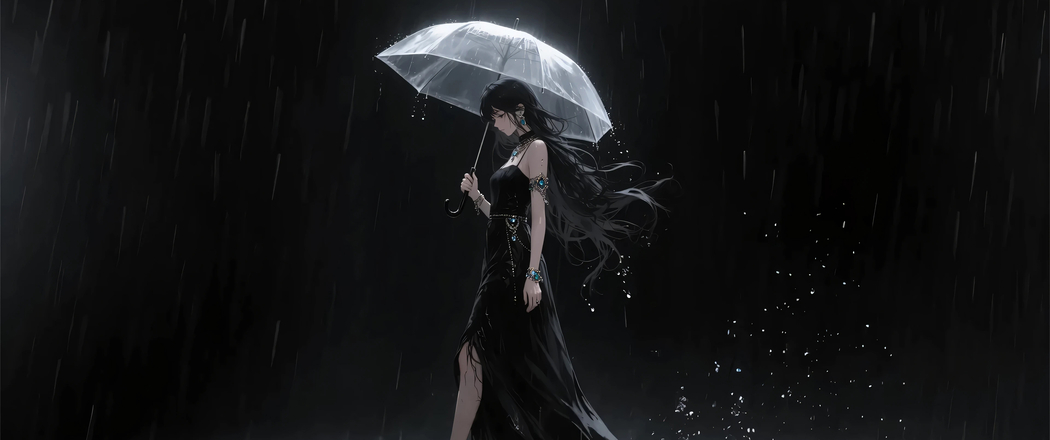 暗雨夜中黑衣女孩撑伞动漫4K高清壁纸，3440x1440带鱼屏下载