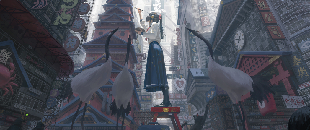 4K高清动漫壁纸，女孩绘仙鹤，街景行人，带鱼屏3440x1440下载