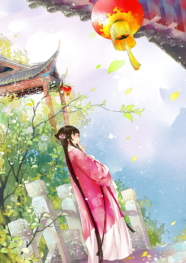 古风庭院唯美插画素材，高清PNG透明背景，卡通手绘元素下载