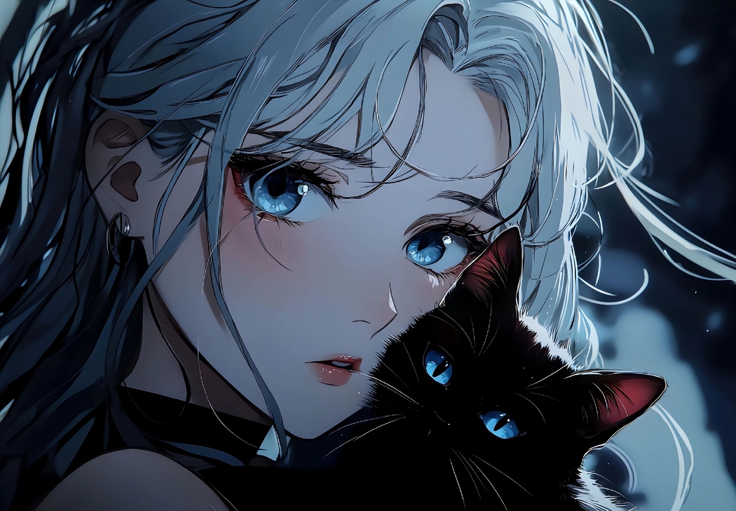 高清4K动漫壁纸，女孩蓝眸黑猫，3840x2670分辨率免费下载