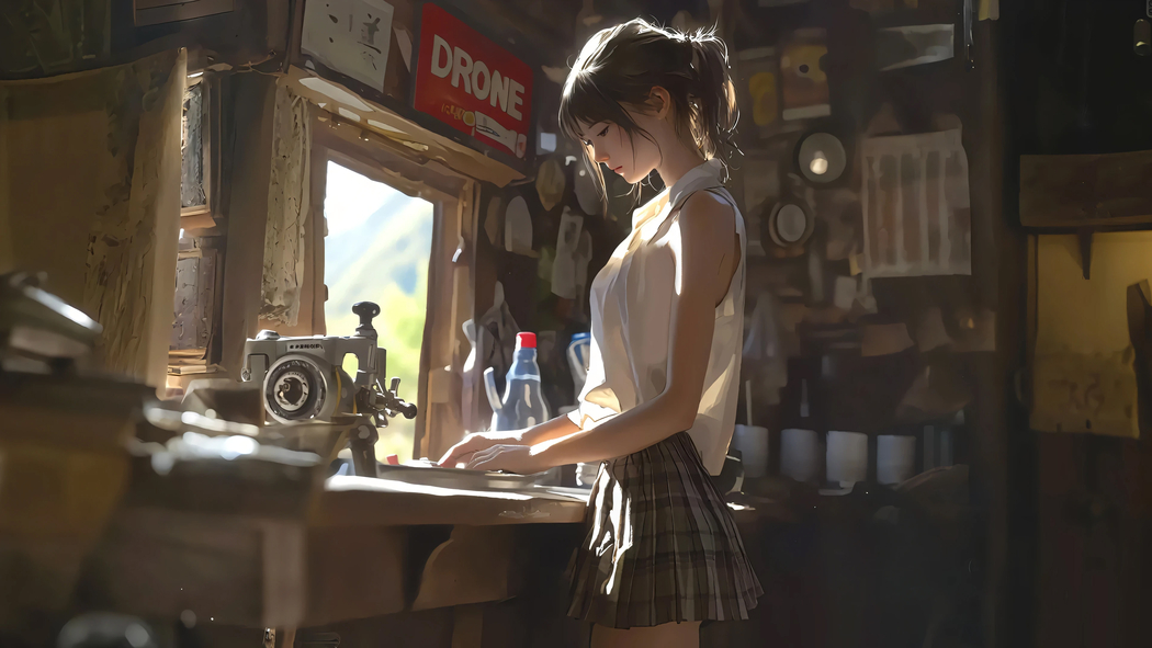复古风动漫女孩缝纫机 4K高清壁纸 3840x2160 下载