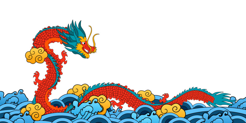 国潮风龙出海PNG透明图片，中国龙浪花海浪装饰元素设计素材下载