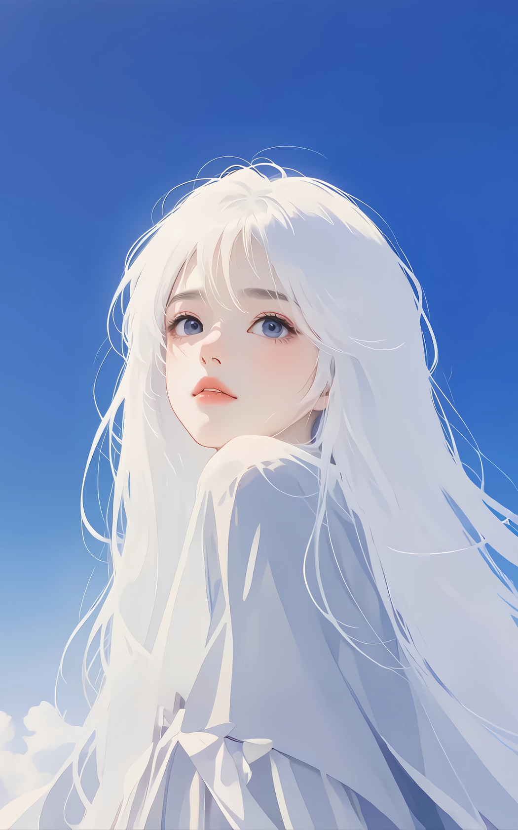 白发少女晴空下竖屏动漫4K手机壁纸高清下载 2400x3840