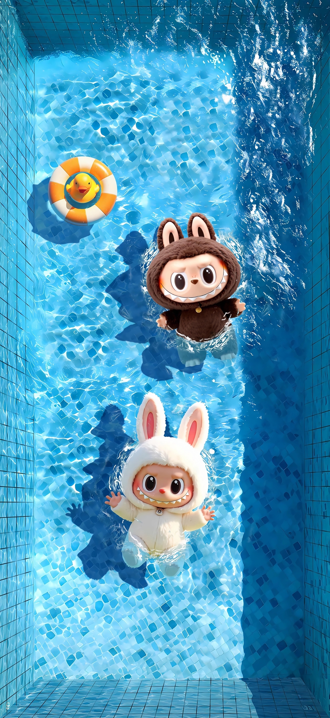 白色棕色Labubu泳池4K竖屏手机壁纸高清下载 1766x3840