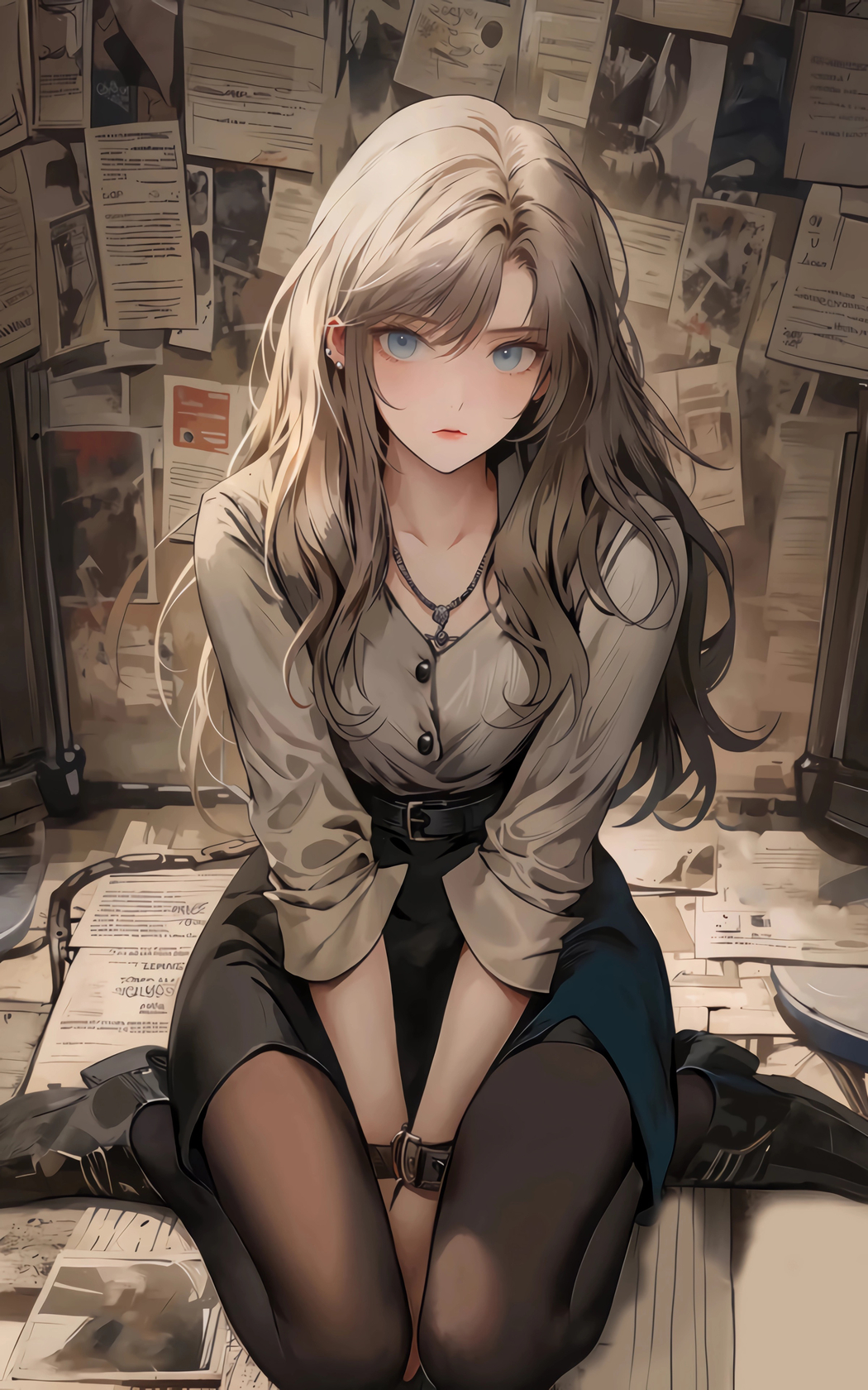 4K竖屏手机壁纸，动漫美女坐地板，报纸墙背景，高清2400x3840下载