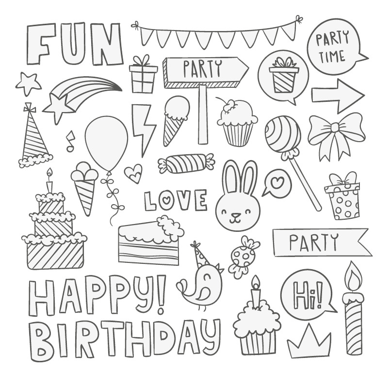 可爱生日派对简笔画PNG素材，高清免扣元素下载
