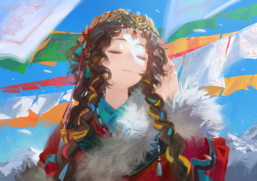 少女闭眼藏服照，晴朗天空4K壁纸与动漫高清图，4093x2894分辨率下载