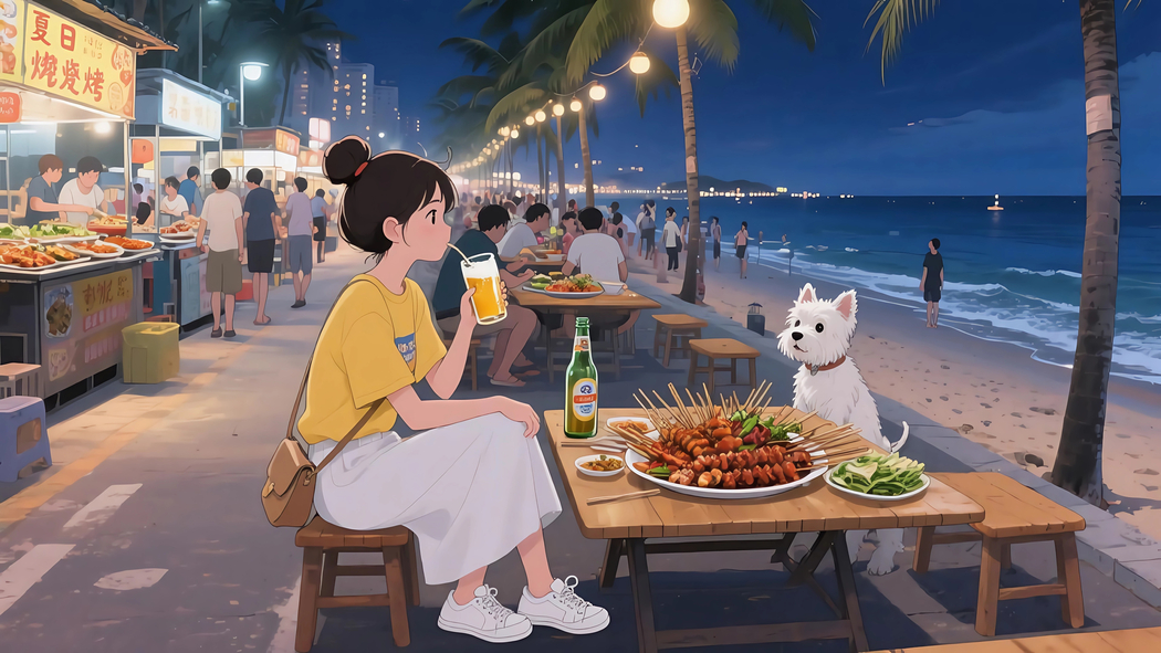 夏夜海边烧烤美景，女生携宠，4K超清壁纸3840x2160，动漫高清图下载
