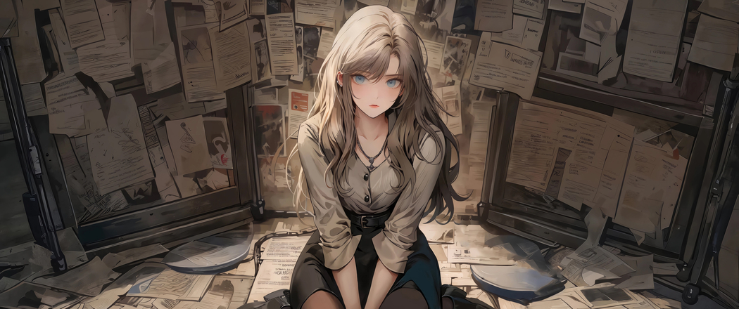 4K动漫高清壁纸，美女坐地板，报纸墙背景，带鱼屏3440x1440下载