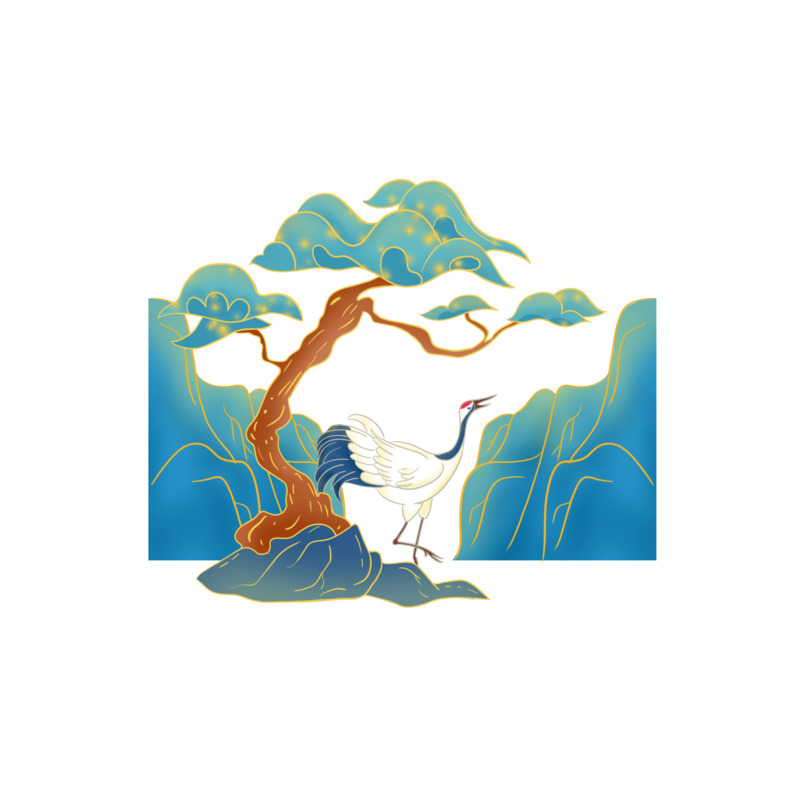中国风松树仙鹤远山插画PNG透明素材下载