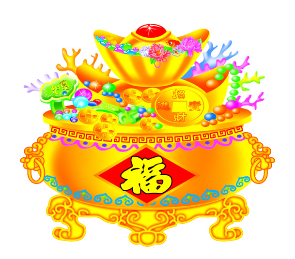 金色聚宝盆PNG透明图片素材，元旦春节元宵节日元素高清下载