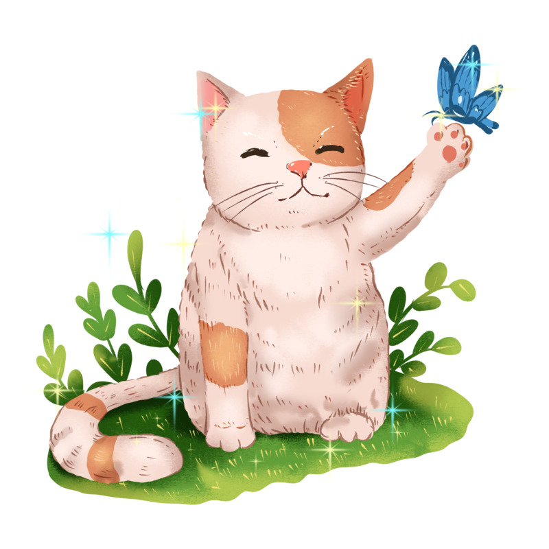 小猫咪与蝴蝶嬉戏高清PNG透明手绘卡通素材下载