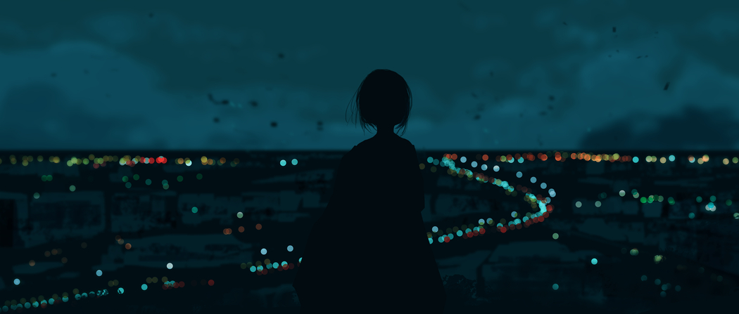 夜晚星空下城市灯光，动漫女孩背影眺望远方，5K/4K高清壁纸下载 5640x2400