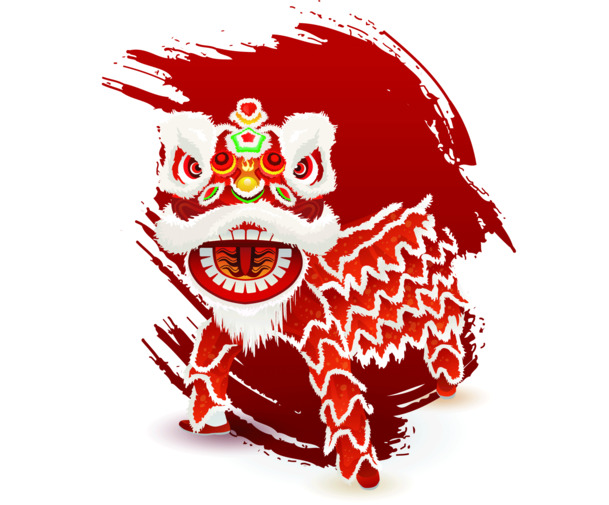 手绘红狮水墨PNG透明装饰元素，高清笔触墨迹素材下载