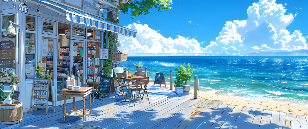 4K高清带鱼屏壁纸，海边小店风景 3440x1440 免费下载