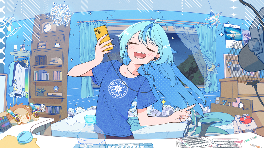 快乐动漫长发少女闭目聆听音乐 4K高清壁纸 3840x2160下载