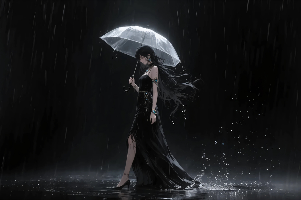 雨夜黑衣美女平板电脑高清壁纸 3000x2000分辨率 下载