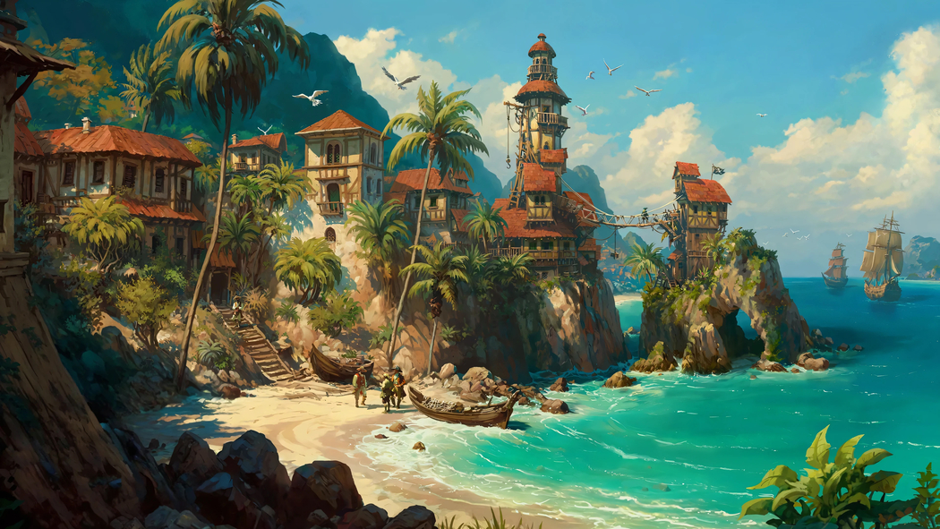 《Forge of Empires》4K海岸风景壁纸，棕榈树、海与帆船，3840x2160高清下载