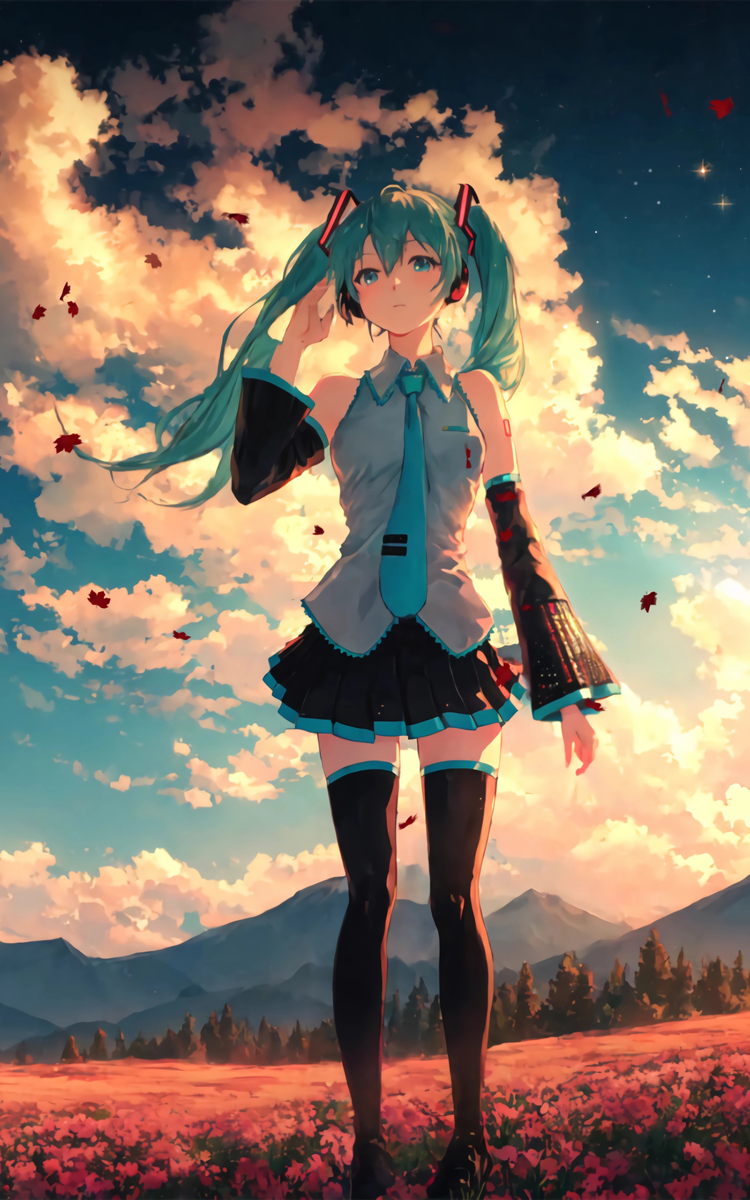 初音未来黄昏天空竖屏4K动漫壁纸，2400x3840高清手机下载