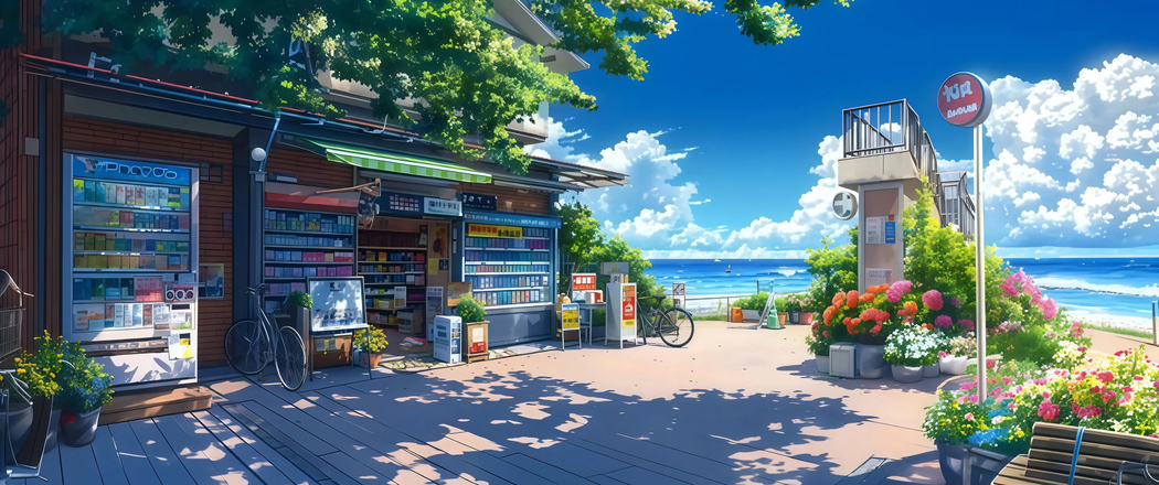 4K高清风景壁纸，海边小店树荫鲜花，带鱼屏3440x1440下载