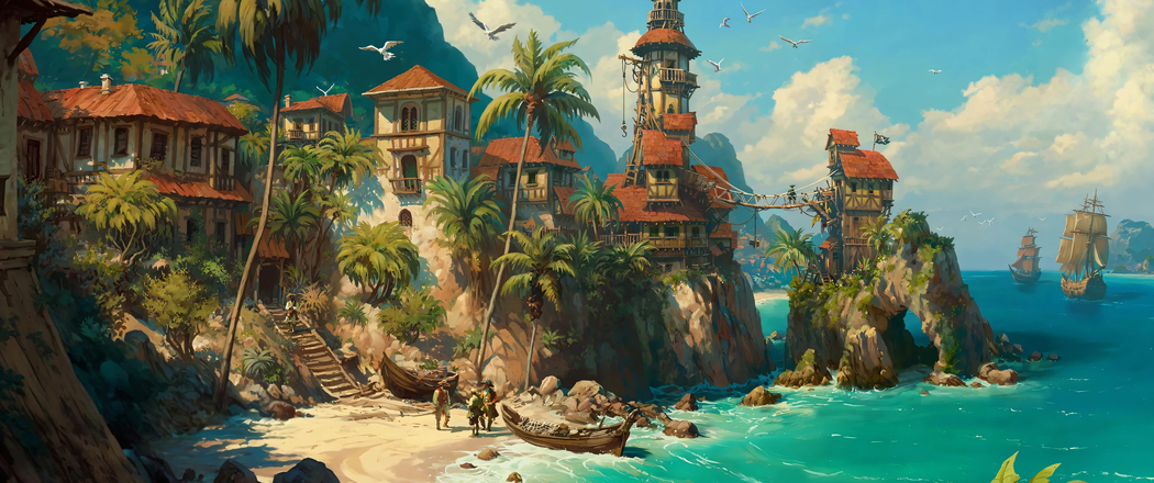 《Forge of Empires》4K超高清游戏壁纸，海岸帆船棕榈树，3440x1440带鱼屏专属